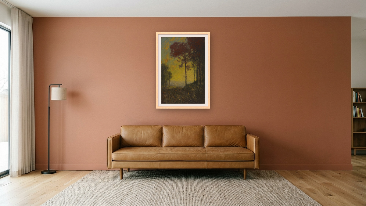 Autumn Sunset by Julian Onderdonk, shown at 28 × 42 in (71.1 × 106.7 cm) in Arber Natural, media room