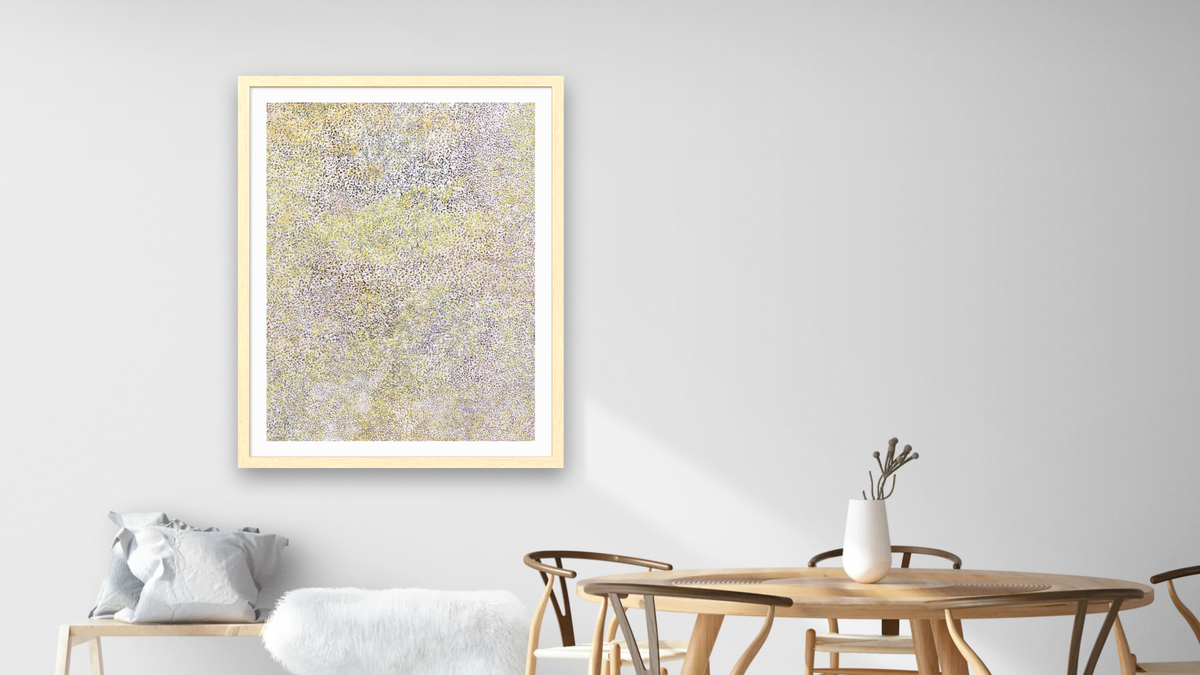 Bush Plum Country by Kathleen Ngal, shown at 30 × 40 in (76.2 × 101.6 cm) in Arber Natural, dining