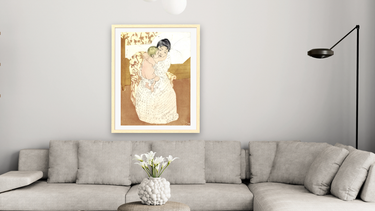 Maternal caress by Mary Cassatt, shown at 30 × 40 in (76.2 × 101.6 cm) in Arber Natural, living