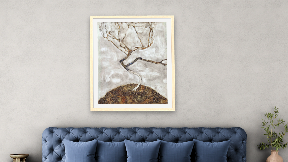 Small Tree in Late Autumn by Egon Schiele, shown at 32 × 40 in (81.3 × 101.6 cm) in Arber Natural, bedroom
