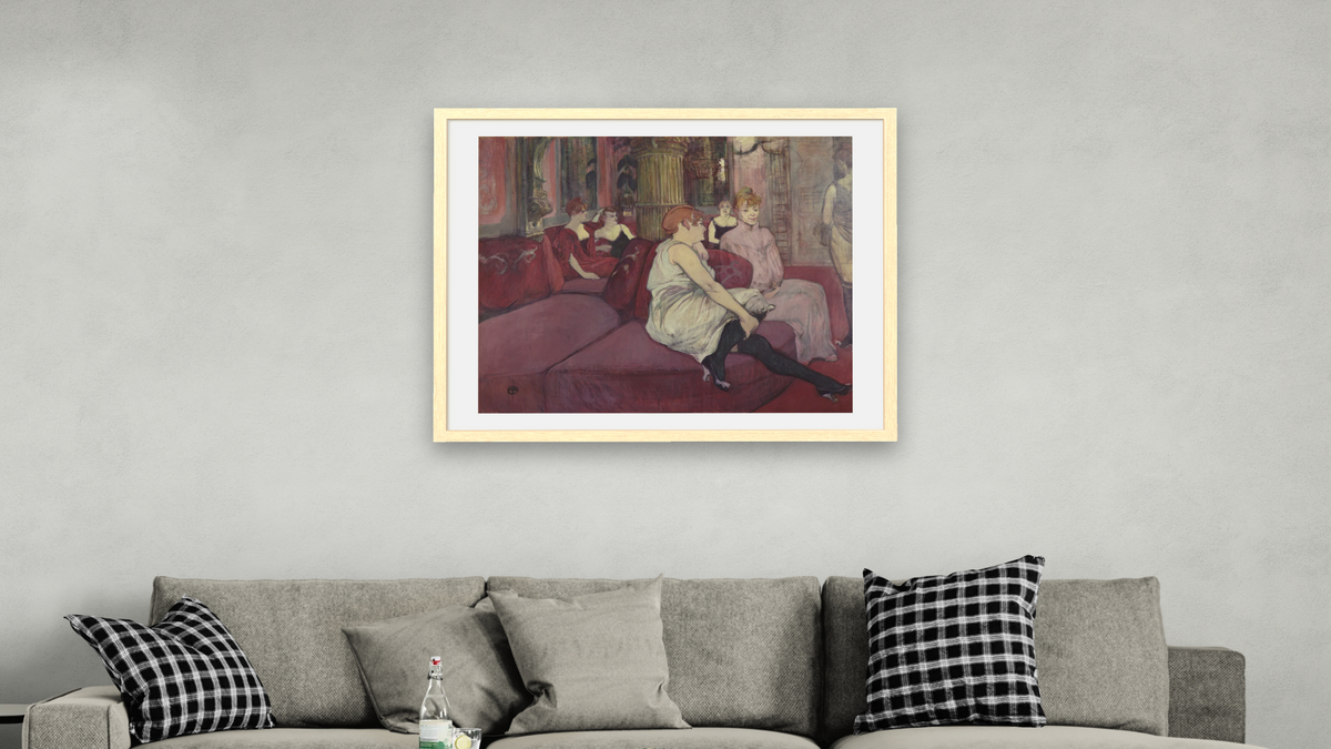 In the Salon at the Rue des Moulins by Henri de Toulouse-Lautrec, shown at 32 × 40 in (81.3 × 101.6 cm) in Arber Natural, living