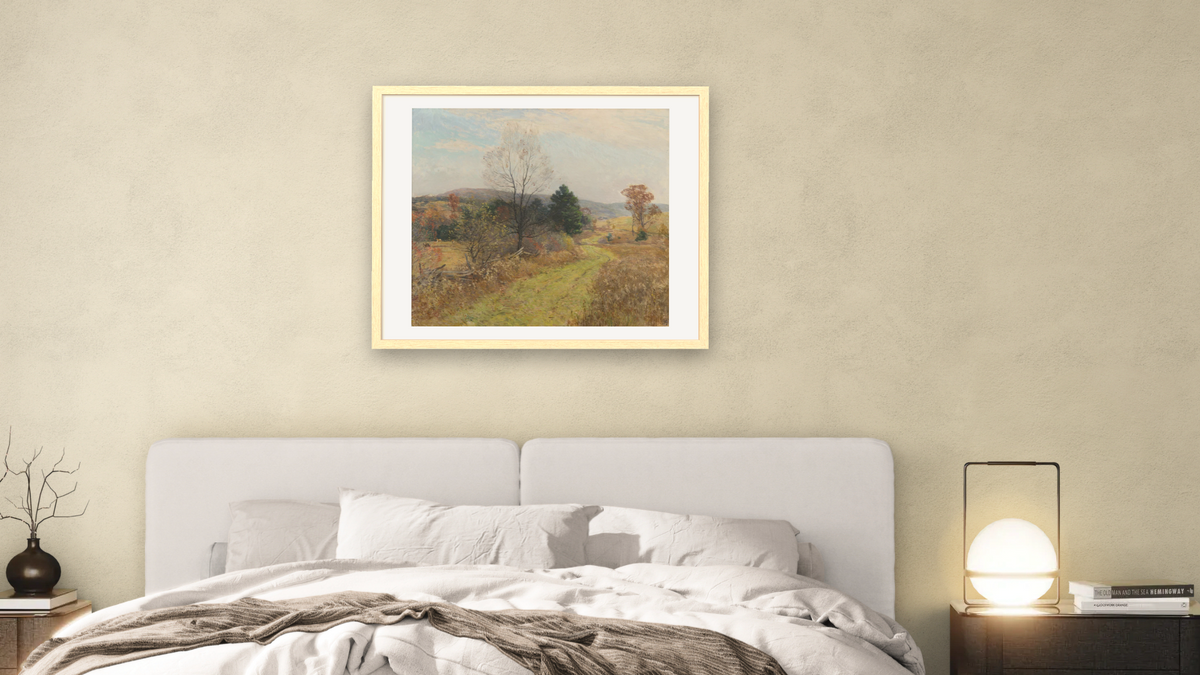 Late Autumn by Willard LeRoy Metcalf, shown at 32 × 40 in (81.3 × 101.6 cm) in Arber Natural, bedroom