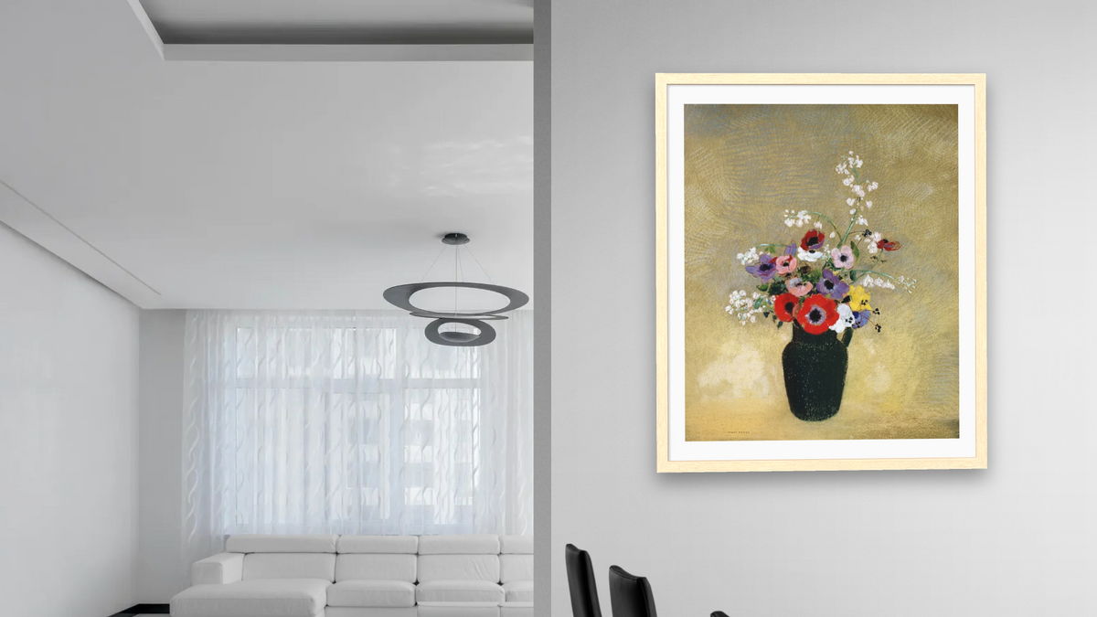 Large Green Vase with Mixed Flowers by Odilon Redon, shown at 32 × 40 in (81.3 × 101.6 cm) in Arber Natural, dining