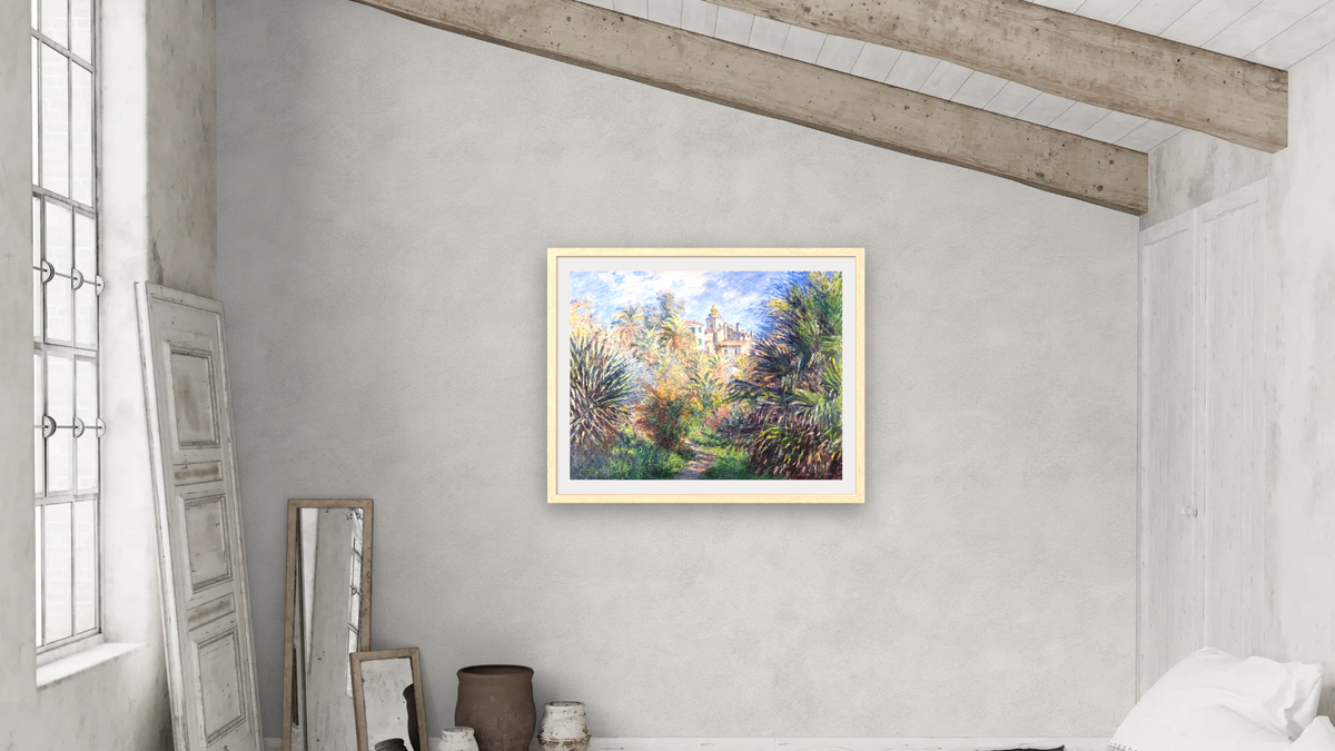 Gardens of the Villa Moreno, Bordighera by Claude Monet, shown at 32 × 40 in (81.3 × 101.6 cm) in Arber Natural, bedroom