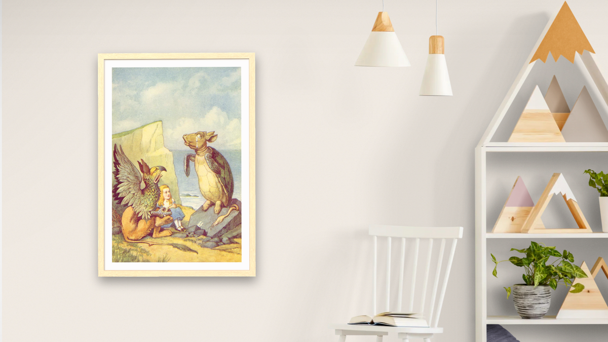 The Mock Turtle and the Gryphon, illustration from 'Alice in Wonderland' by Lewis Carroll by John Tenniel, shown at 28 × 42 in (71.1 × 106.7 cm) in Arber Natural, nursery