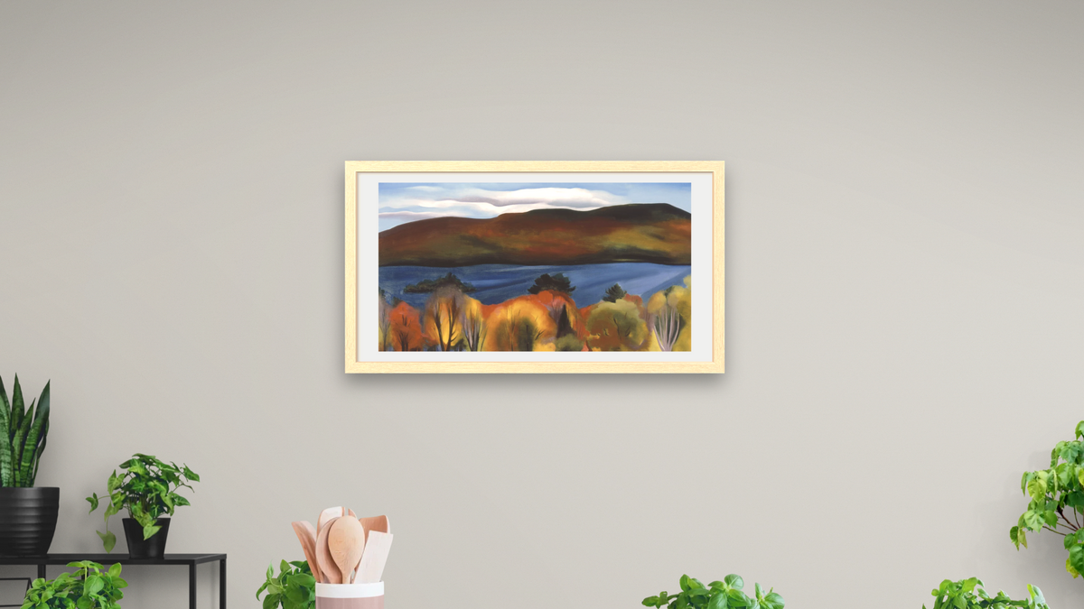 Lake George Autumn by Georgia O'Keeffe, shown at 20 × 40 in (50.8 × 101.6 cm) in Arber Natural, dining