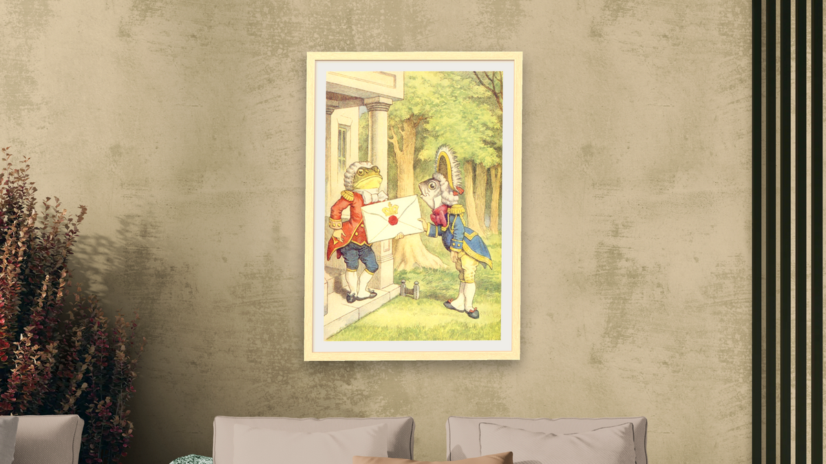 The Fish-Footman Delivering an Invitation to the Duchess, illustration from 'Alice in Wonderland' by Lewis Carroll by John Tenniel, shown at 28 × 42 in (71.1 × 106.7 cm) in Arber Natural, living