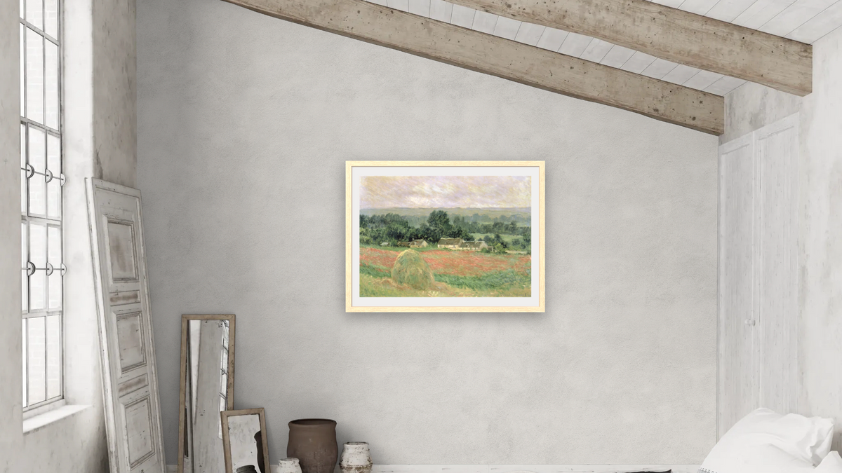 Haystack at Giverny by Claude Monet, shown at 30 × 40 in (76.2 × 101.6 cm) in Arber Natural, bedroom