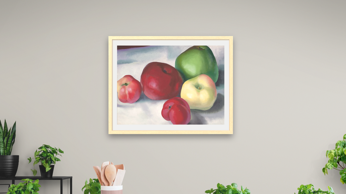 Apple Family 3 by Georgia O'Keeffe, shown at 30 × 40 in (76.2 × 101.6 cm) in Arber Natural, dining