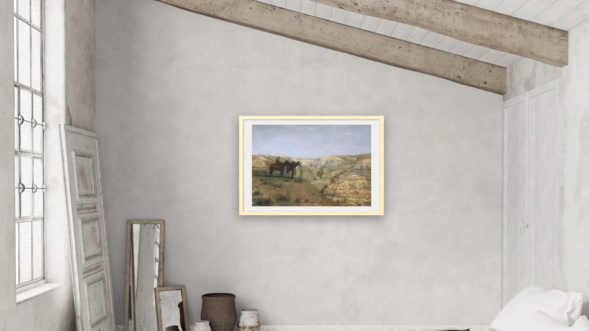 Cowboys in the Badlands by Thomas Eakins, shown at 28 × 42 in (71.1 × 106.7 cm) in Arber Natural, bedroom