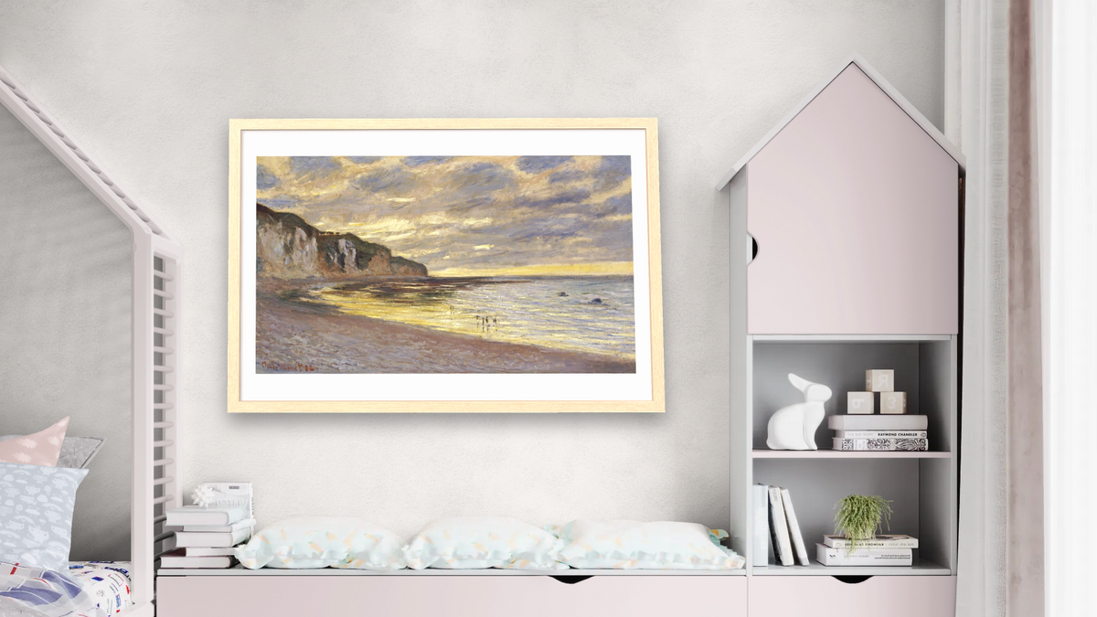 Pointe De Lailly, Maree Basse by Claude Monet, shown at 28 × 42 in (71.1 × 106.7 cm) in Arber Natural, bedroom