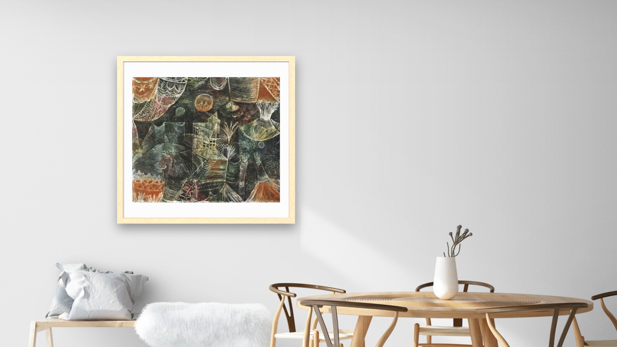 Stage Scenery by Paul Klee, shown at 32 × 32 in (81.3 × 81.3 cm) in Arber Natural, dining