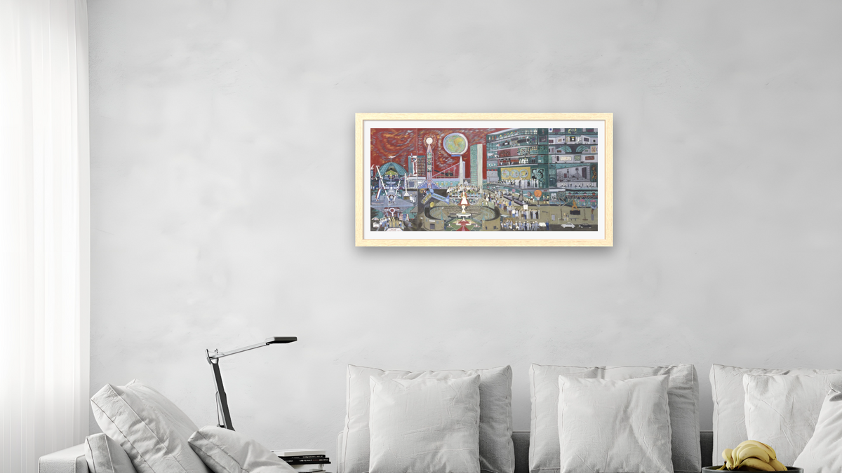 Modern Times by Ralph Fasanella, shown at 20 × 40 in (50.8 × 101.6 cm) in Arber Natural, living
