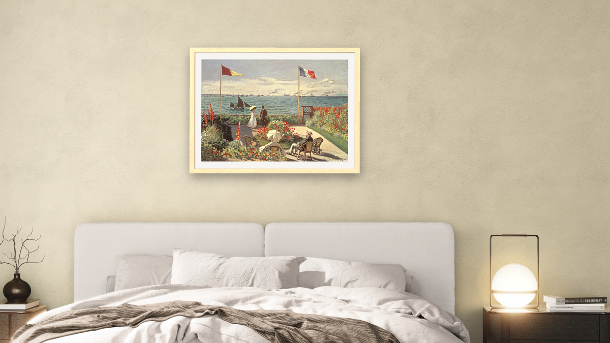 The Terrace at Sainte-Adresse by Claude Monet, shown at 30 × 40 in (76.2 × 101.6 cm) in Arber Natural, bedroom