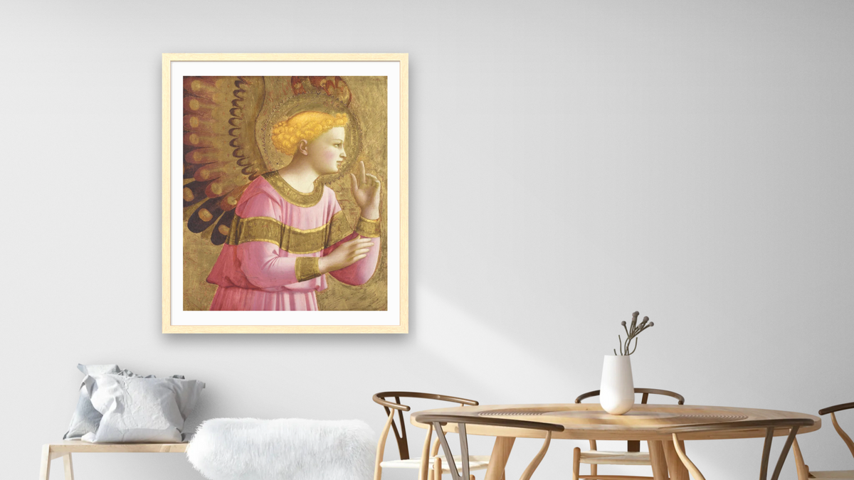 Annunciatory Angel by Fra Angelico, shown at 32 × 40 in (81.3 × 101.6 cm) in Arber Natural, dining