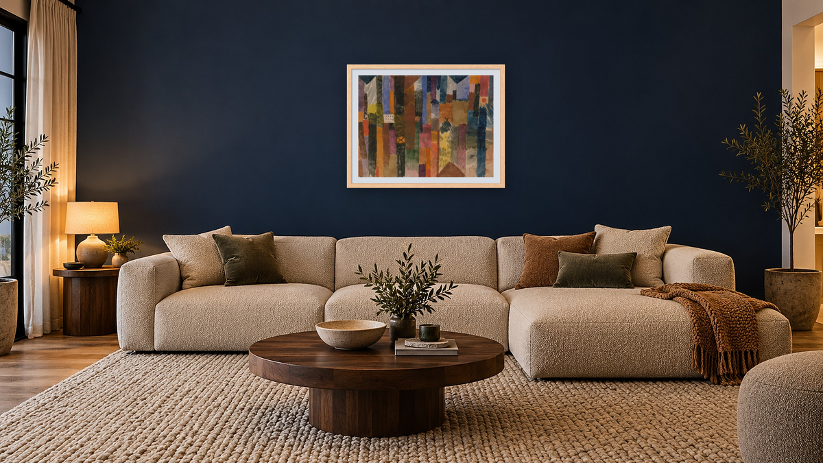 Before the Town by Paul Klee, shown at 30 × 40 in (76.2 × 101.6 cm) in Arber Natural, media room