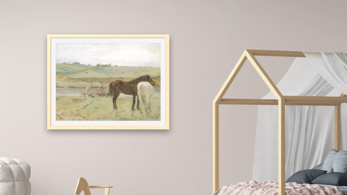 Horses in a Meadow by Edgar Degas, shown at 32 × 40 in (81.3 × 101.6 cm) in Arber Natural, bedroom