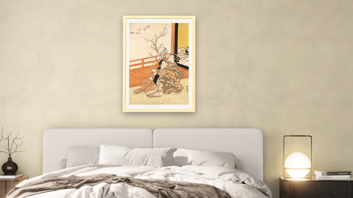Two Women Seated By a Verandah by Suzuki Harunobu, shown at 28 × 42 in (71.1 × 106.7 cm) in Arber Natural, bedroom