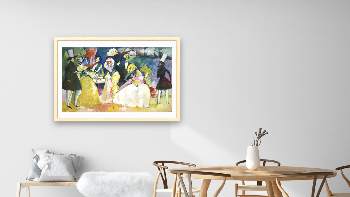 Group in Crinolines, shown at 28 × 42 in (71.1 × 106.7 cm) in Arber Natural, dining