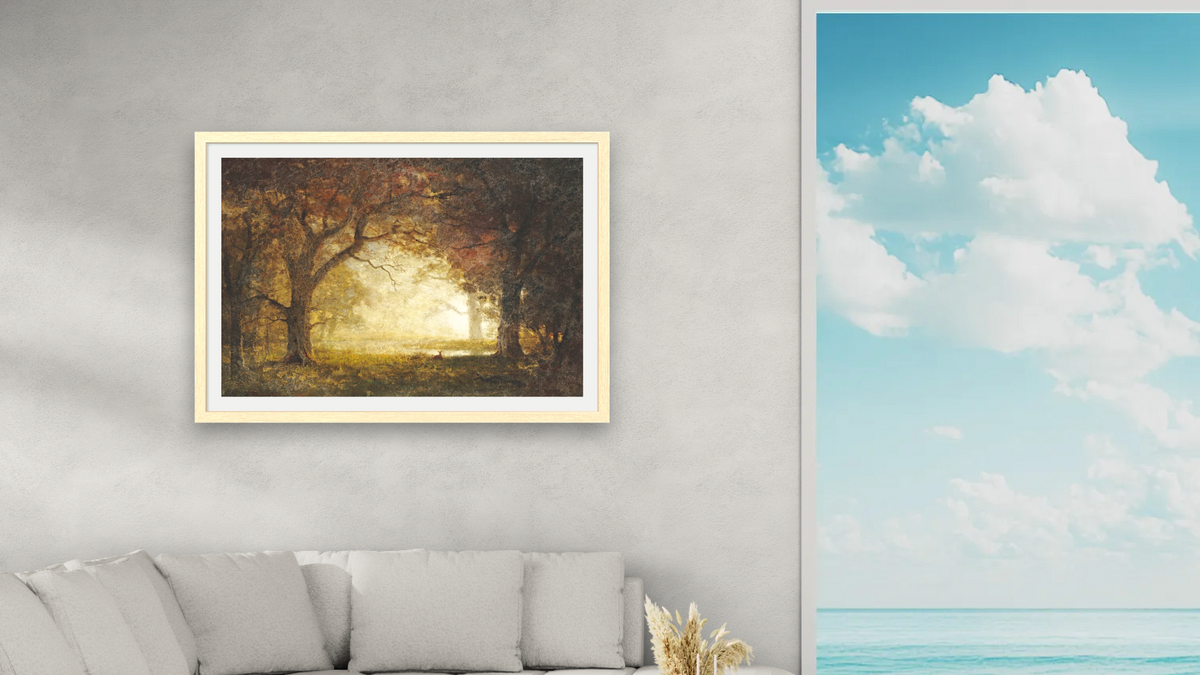 Forest Sunrise by Albert Bierstadt, shown at 28 × 42 in (71.1 × 106.7 cm) in Arber Natural, living