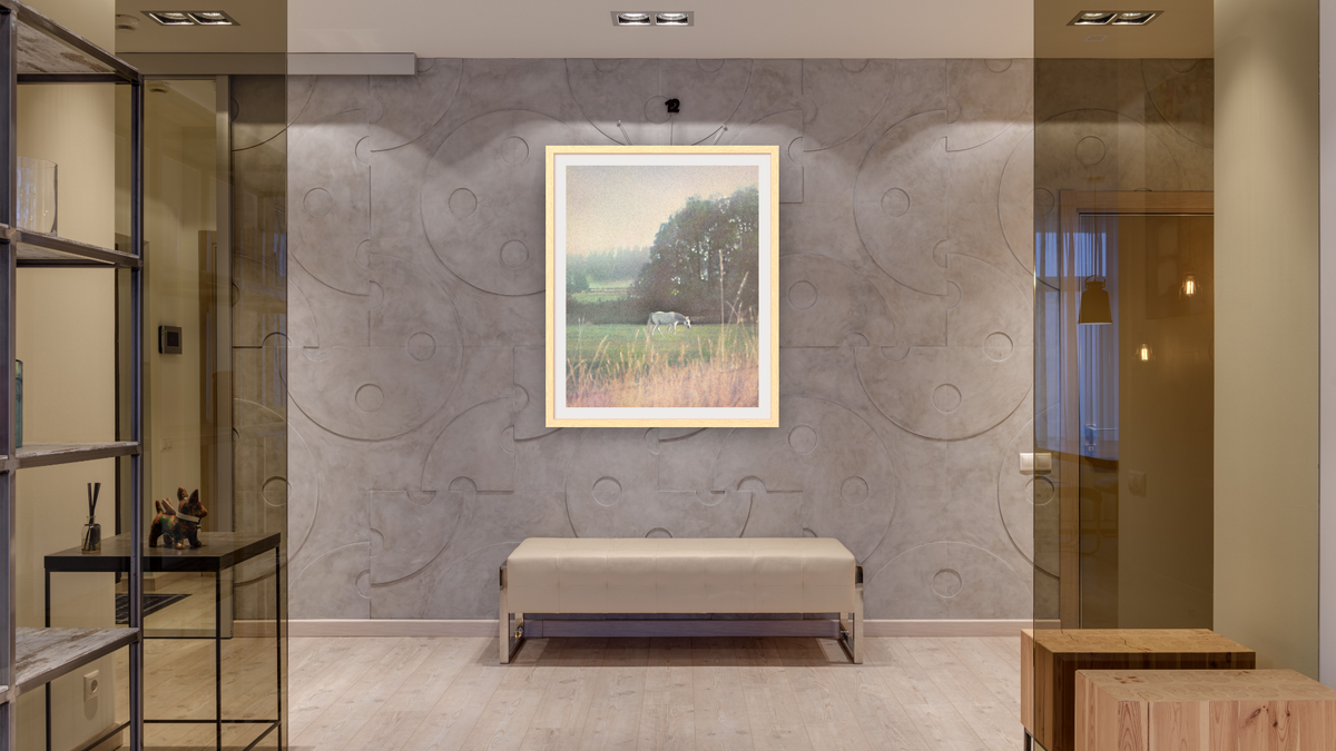 White Horse by Kirsten Söderlind, shown at 32 × 40 in (81.3 × 101.6 cm) in Arber Natural, hallway