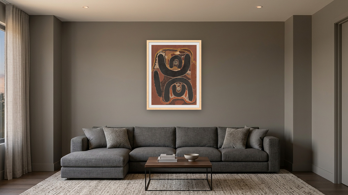 Old Man's Dreaming on Death or Destiny by Mick Wallangkarri Tjakamarra, shown at 30 × 40 in (76.2 × 101.6 cm) in Arber Natural, media room