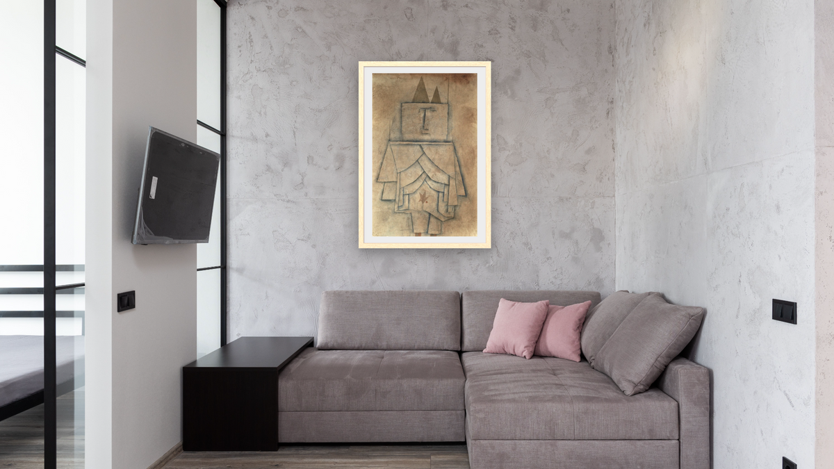Torwachterstolz by Paul Klee, shown at 28 × 42 in (71.1 × 106.7 cm) in Arber Natural, media room