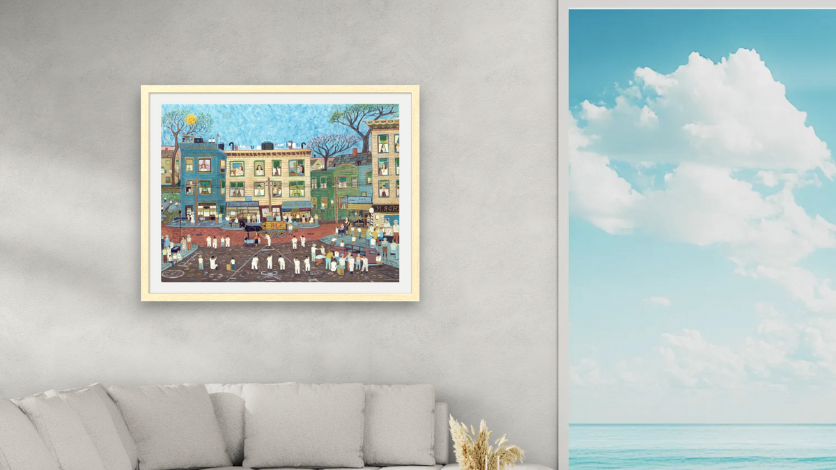 Old Neighborhood by Ralph Fasanella, shown at 30 × 40 in (76.2 × 101.6 cm) in Arber Natural, living