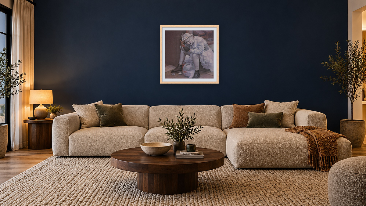 Scottish Clown by Kirsten Söderlind, shown at 32 × 32 in (81.3 × 81.3 cm) in Arber Natural, media room