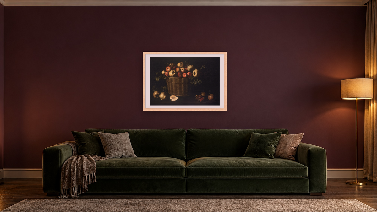 Panera de pomes, codonys i magranes by Juan de Zurbarán, shown at 28 × 42 in (71.1 × 106.7 cm) in Arber Natural, den