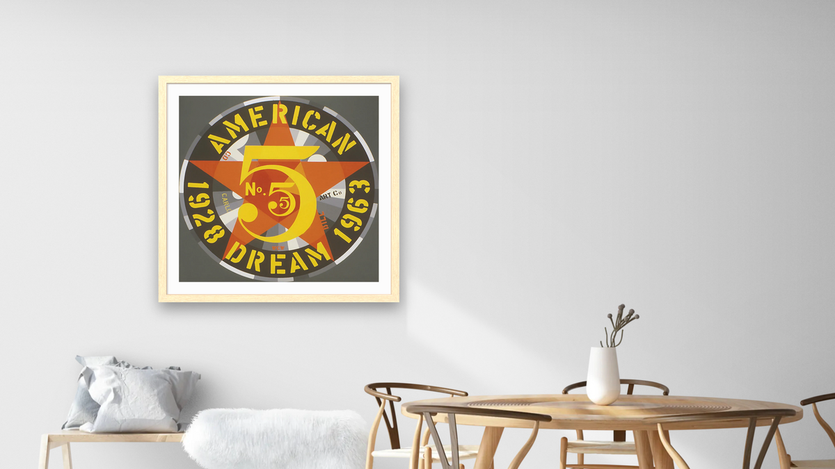 The Demuth American Dream No. 5 (Detail), 1963 by Robert Indiana, shown at 32 × 32 in (81.3 × 81.3 cm) in Arber Natural, dining