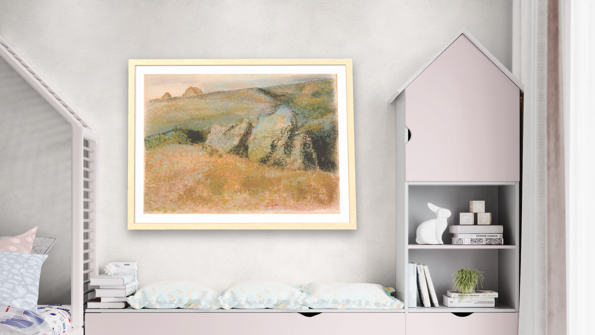Landscape with Rocks by Edgar Degas, shown at 30 × 40 in (76.2 × 101.6 cm) in Arber Natural, bedroom