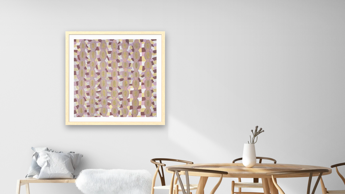 Sweet Potato Dreaming by Paddy Carroll Tjunurrayi, shown at 32 × 32 in (81.3 × 81.3 cm) in Arber Natural, dining