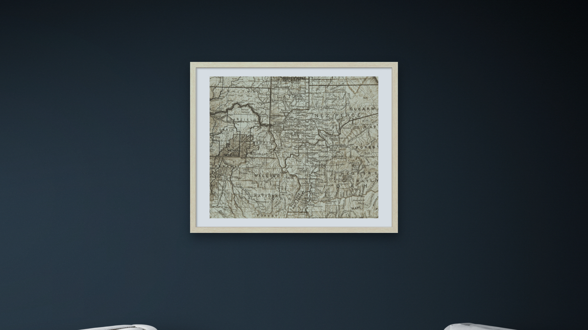 Map of Nez Perce Territory (The North American Indian, v. VIII. Norwood, MA: The Plimpton Press, 1911) by Edward Sheriff Curtis, shown at 32 × 40 in (81.3 × 101.6 cm) in Arber Natural, office