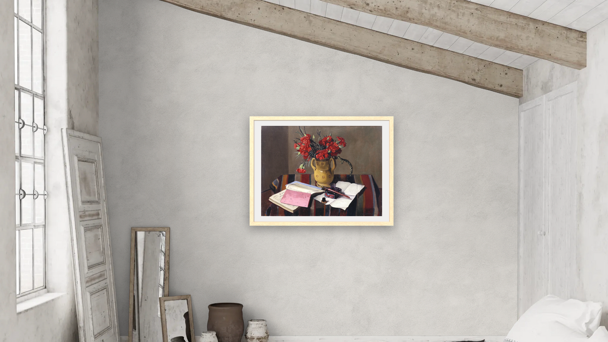 Carnations and Account Books by Félix Vallotton, shown at 30 × 40 in (76.2 × 101.6 cm) in Arber Natural, bedroom