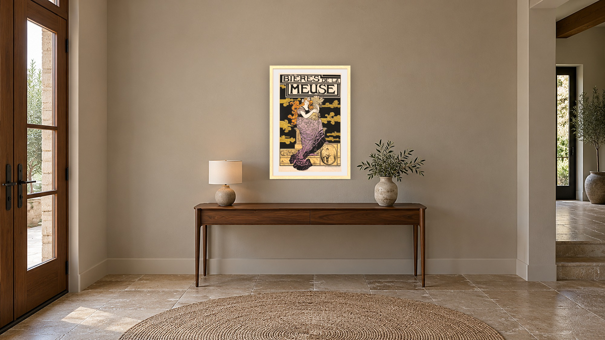 Bieres de la Meuse Poster by Marc-Auguste Bastard, shown at 28 × 42 in (71.1 × 106.7 cm) in Arber Natural, hallway