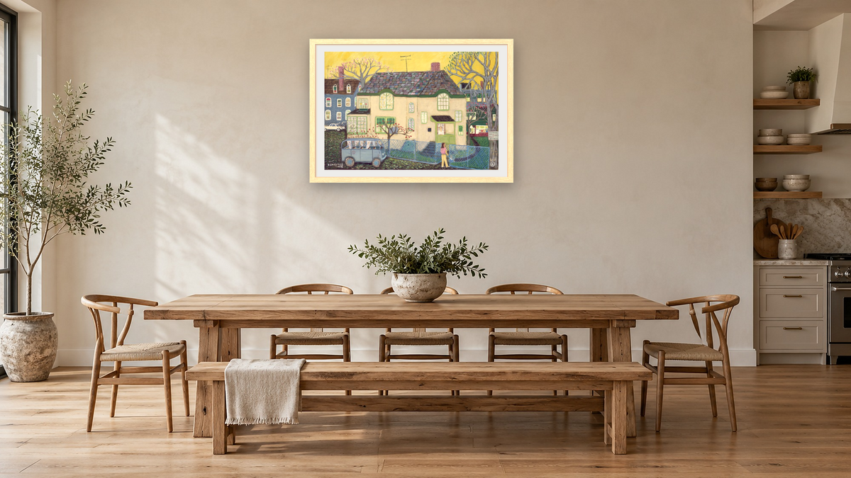 Otero's House by Ralph Fasanella, shown at 28 × 42 in (71.1 × 106.7 cm) in Arber Natural, kitchen
