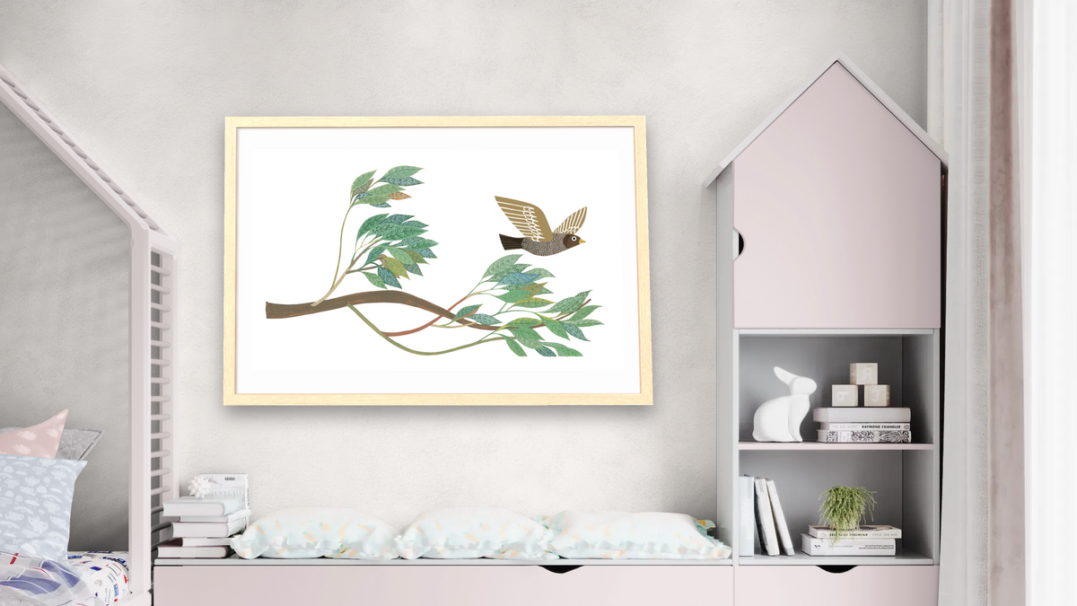Tico and the Golden Wings by Leo Lionni, shown at 28 × 42 in (71.1 × 106.7 cm) in Arber Natural, bedroom
