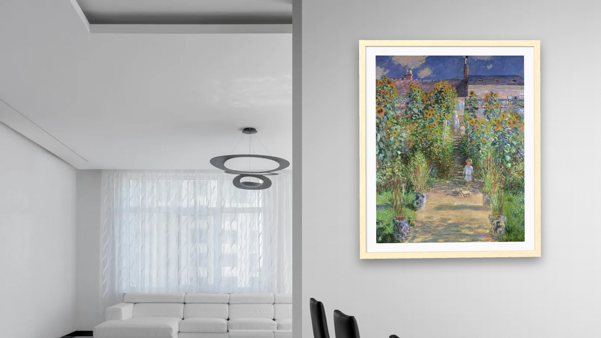 The Artist's Garden at Vetheuil by Claude Monet, shown at 32 × 40 in (81.3 × 101.6 cm) in Arber Natural, dining