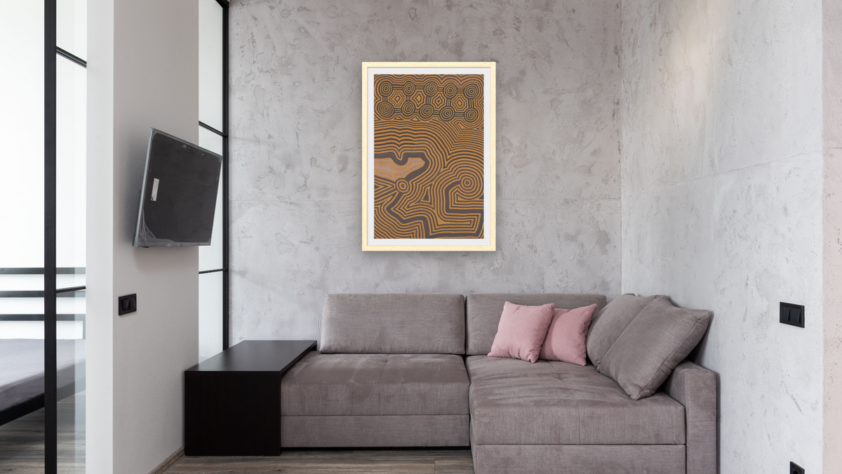 Marpurinya by Ronnie Tjampitjinpa, shown at 28 × 42 in (71.1 × 106.7 cm) in Arber Natural, media room