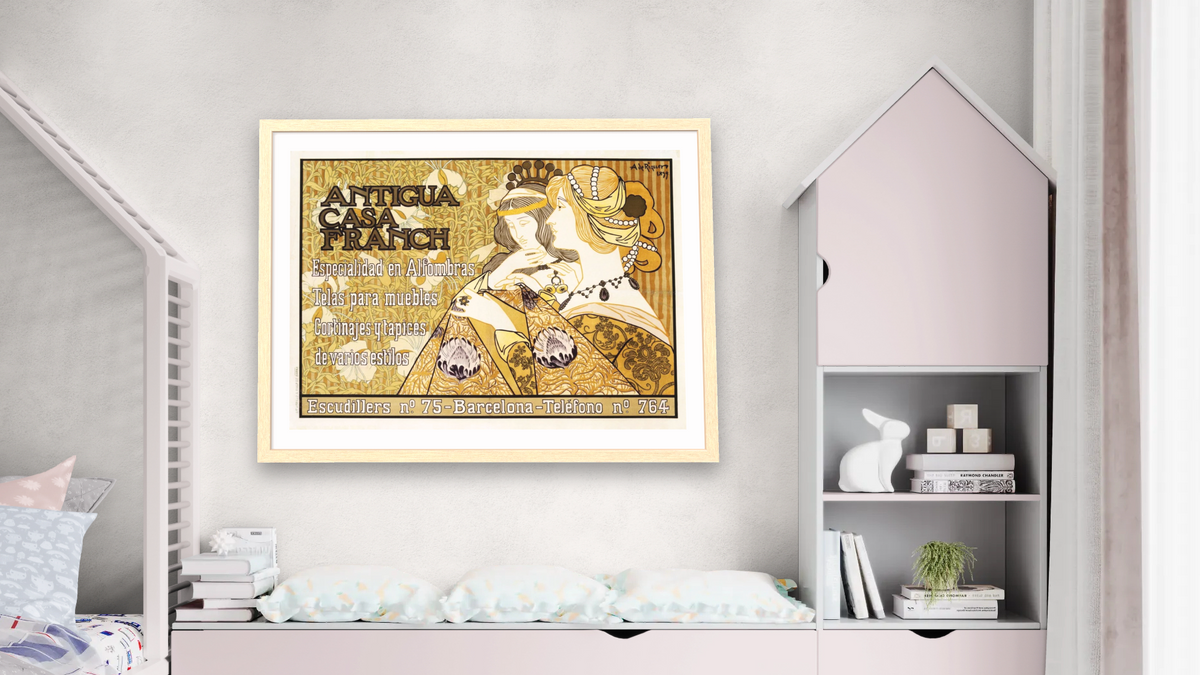 Antigua Casa Franch Poster by Alejandro de Riquer, shown at 30 × 40 in (76.2 × 101.6 cm) in Arber Natural, bedroom
