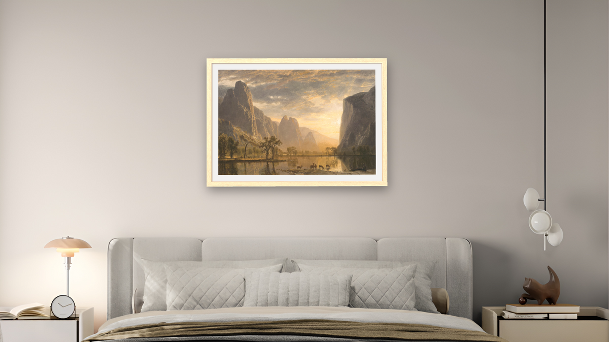 Valley of the Yosemite by Albert Bierstadt, shown at 28 × 42 in (71.1 × 106.7 cm) in Arber Natural, bedroom