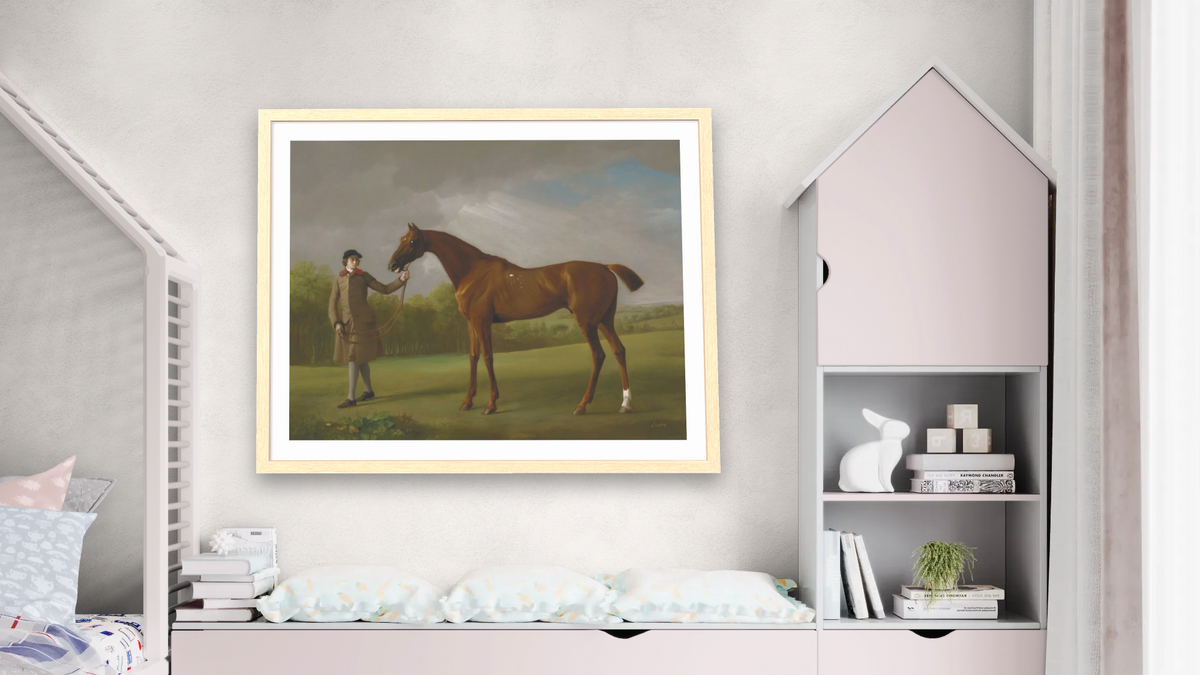 Lustre, held by a Groom by George Stubbs, shown at 32 × 40 in (81.3 × 101.6 cm) in Arber Natural, bedroom