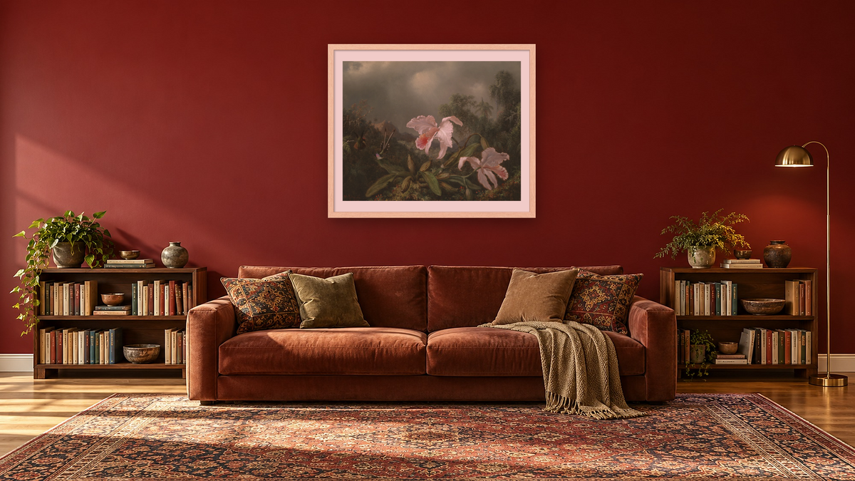 Jungle Orchids and Hummingbirds by Martin Johnson Heade, shown at 32 × 40 in (81.3 × 101.6 cm) in Arber Natural, library