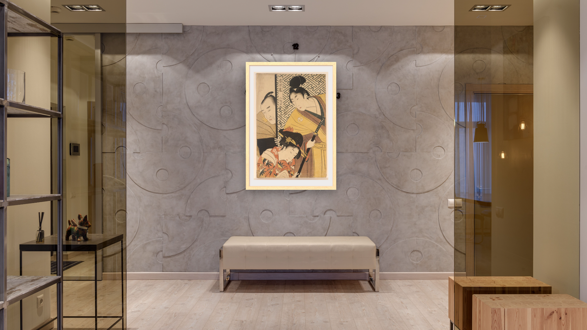 Act II of Chushingura, the young samurai Rikiya, with Konami, Honzo partly hidden behind the door by Kitagawa Utamaro, shown at 28 × 42 in (71.1 × 106.7 cm) in Arber Natural, hallway