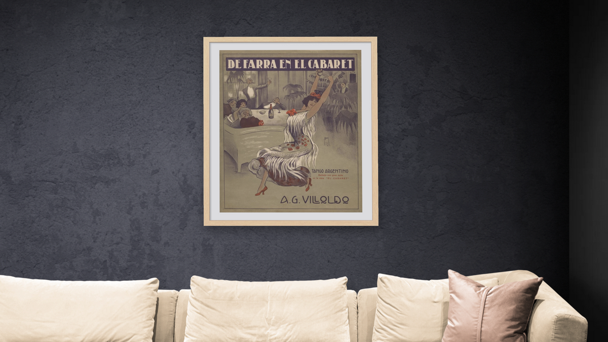 De Farra en el Cabaret Tango Sheet Music Cover, shown at 32 × 40 in (81.3 × 101.6 cm) in Arber Natural, living