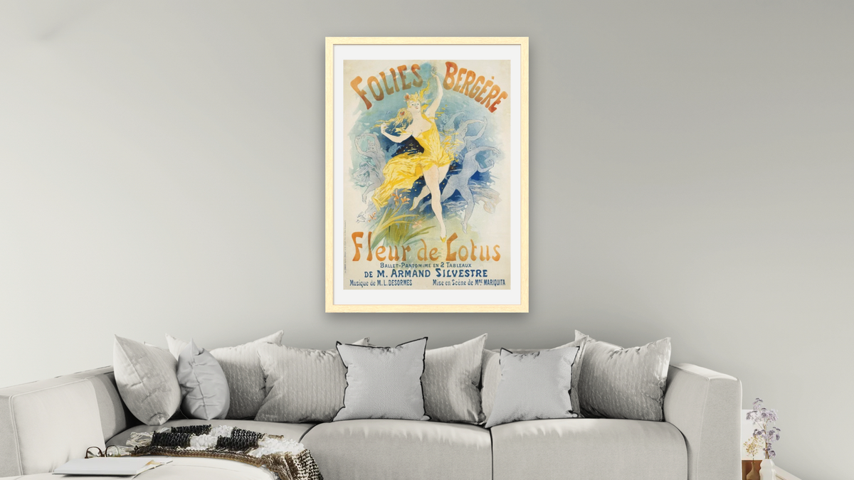 Folies Bergere Fleur de Lotus Poster by Jules Chéret, shown at 28 × 42 in (71.1 × 106.7 cm) in Arber Natural, living