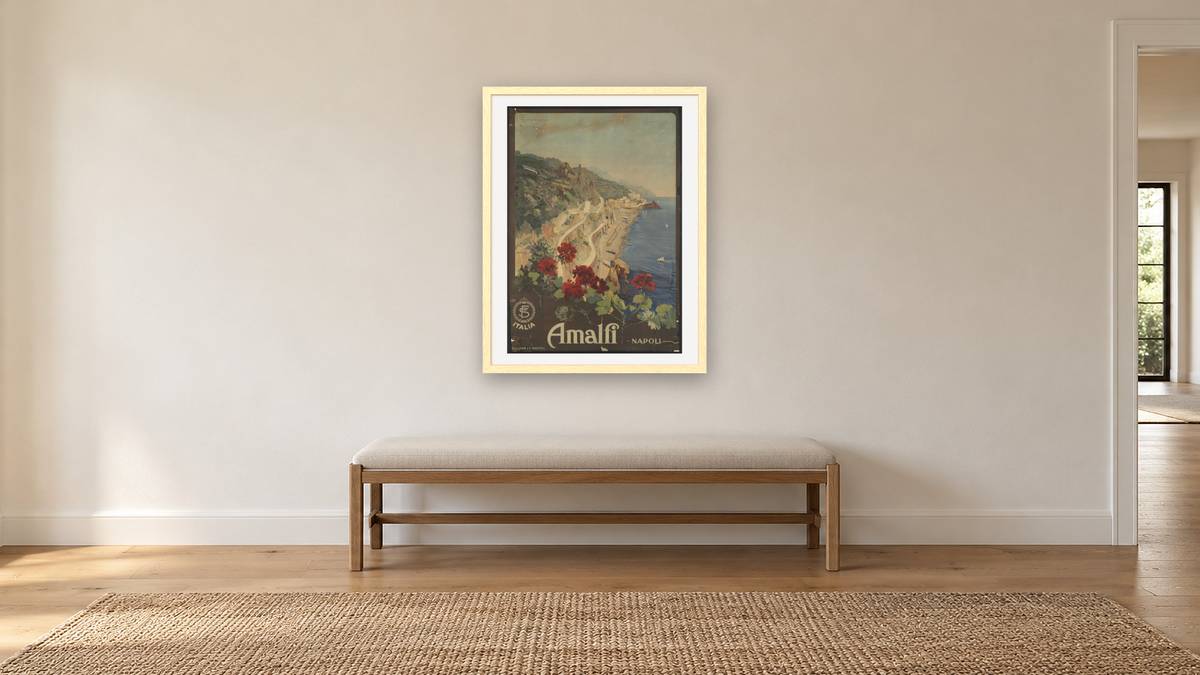 BPL Travel Posters, shown at 30 × 40 in (76.2 × 101.6 cm) in Arber Natural, hallway