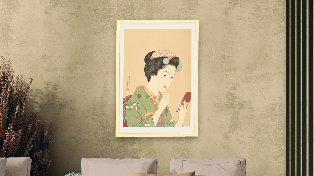 Girl with a Rouge Brush by Goyō Hashiguchi, shown at 28 × 42 in (71.1 × 106.7 cm) in Arber Natural, living