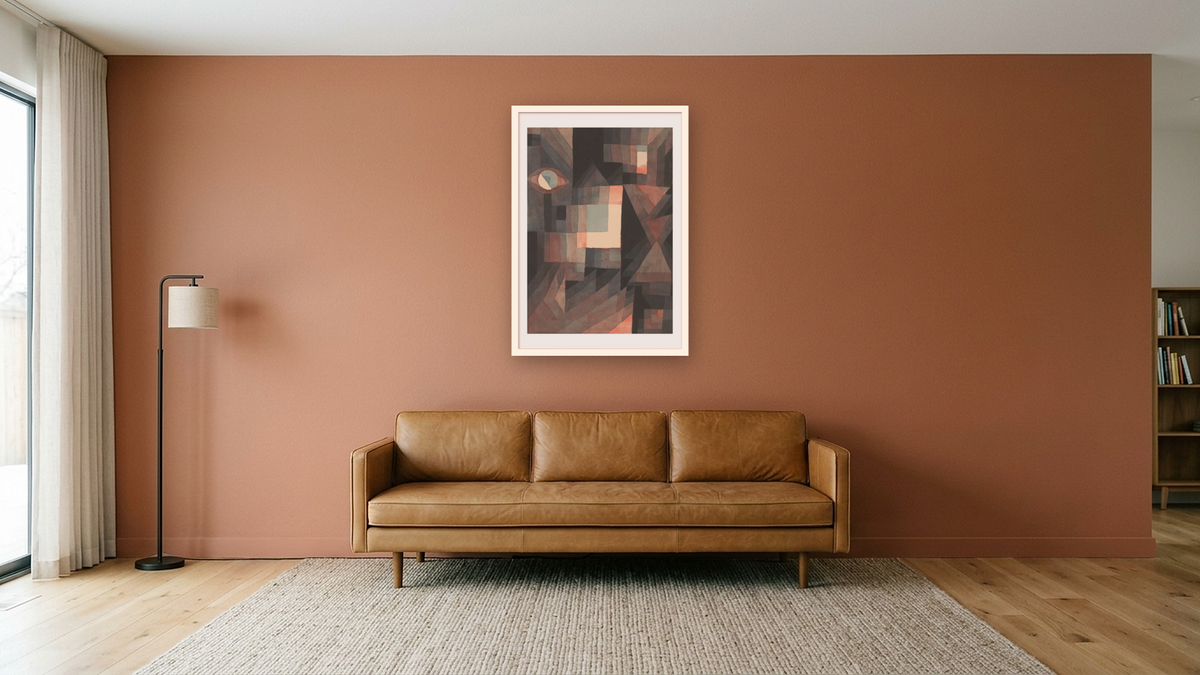 Abstract (Red/Green Gradation with some cinnibar in vertical format) by Paul Klee, shown at 28 × 42 in (71.1 × 106.7 cm) in Arber Natural, media room